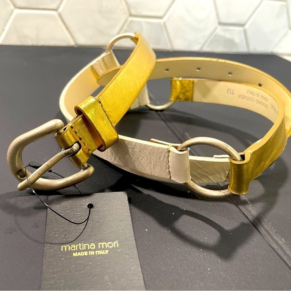 Martina Mori Leather White & Gold D Ring Belt Made In Italy Silver Buckle Chic! main image 10